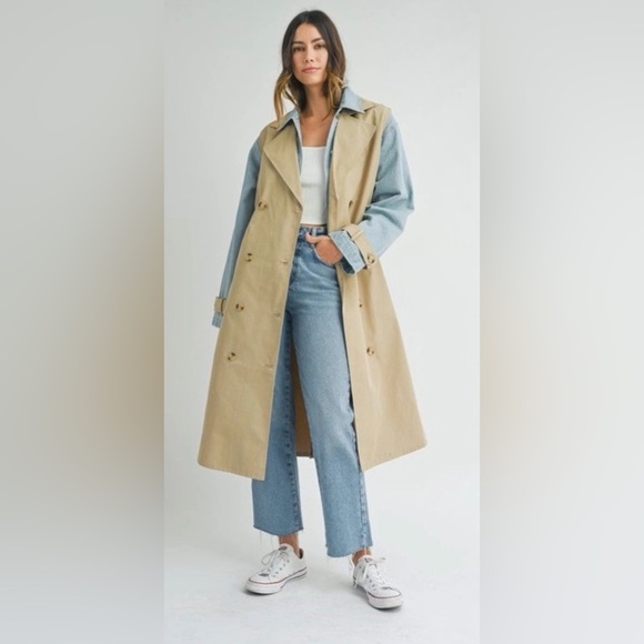 Downtown Trench Coat Denim-Sleeve - Beige & Light Blue - NWT - Size L - Picture 2 of 3